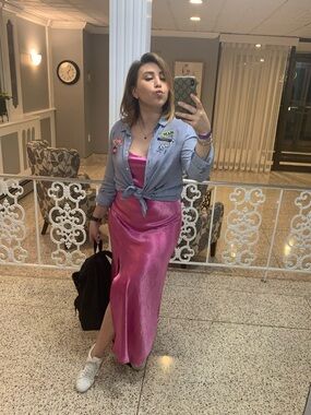 Know One Cares Hot Pink Satin Midi Slip Dress | Size M